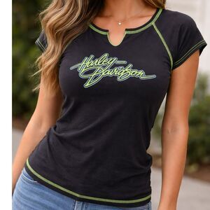 Harley Davidson Las Vegas Tee 2X Black Green Stitch Stretch Side Biker Top